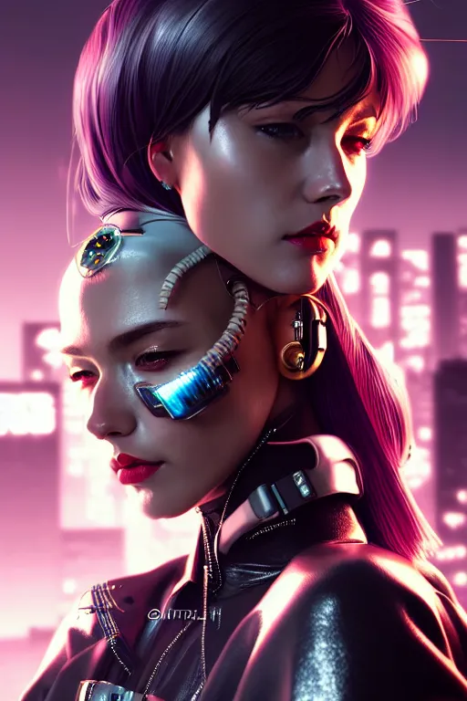 Image similar to hyperdetailed close portrait of a european woman in a leather suit with a pin in a cyberpunk city inspired by ross tran and wlop and masamune shirow and kuvshinov, concept art, intricate, photorealistic, octane render, rtx, hdr, unreal engine, dnd digital art by artgerm