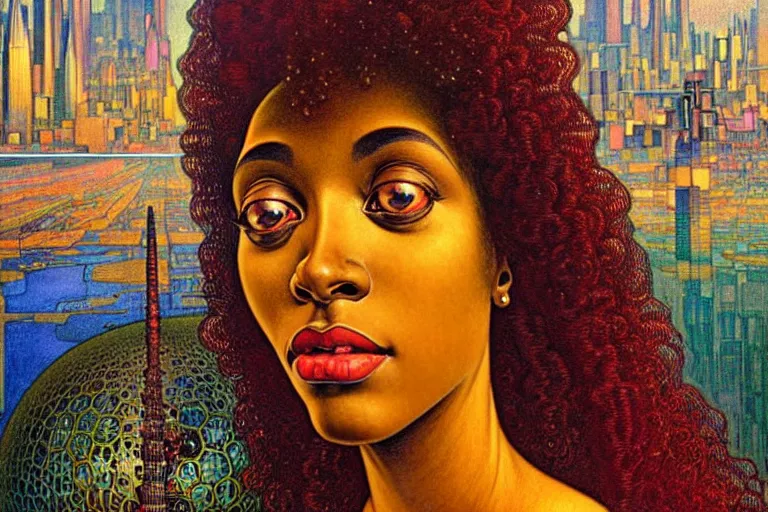 Image similar to realistic extremely detailed closeup portrait painting of a beautiful black woman in a dress with supercomputer robot, city street on background by Jean Delville, Amano, Yves Tanguy, Ilya Repin, Alphonse Mucha, Ernst Haeckel, Edward Hopper, Edward Robert Hughes, Roger Dean, rich moody colours