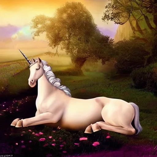 Image similar to dream : a fabulous landscape, a magical unicorn. a boy is sitting astride him. a cat is lying