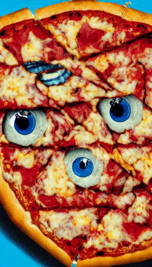 Image similar to a french slice of pizza with a toothy grin and big blue eyes, cartoonish, photorealistic, 4 k, polaroid, surreal, vaporwave