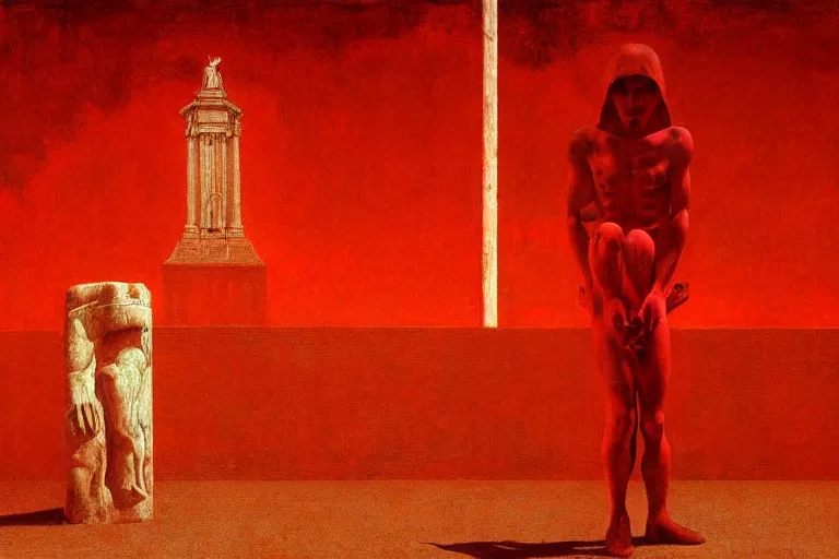 Image similar to only with red, caesar after war, a red tiger, in hoc signo vinces, rome in background, an ancient path, in the style of beksinski, part by hopper, part by rodcenko, part by hofbauer, intricate composition, red by caravaggio, insanely quality, highly detailed, masterpiece, red light, artstation