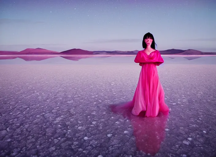 Prompt: lee jin - eun in luxurious dress emerging from pink and turquoise water in salar de uyuni with the ground reflecting the aurora borealis by takato yamamoto, james jean, conrad roset, m. k. kaluta, martine johanna, rule of thirds, elegant look, beautiful, chic, face anatomy, cute complexion