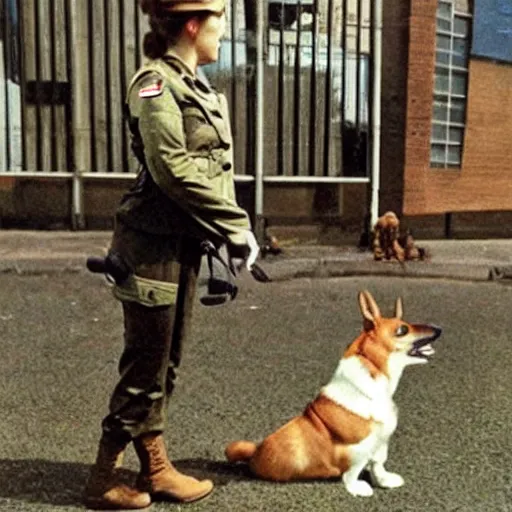 Image similar to female soldier with corgi sniffer dog, old photograph in sci-fi city