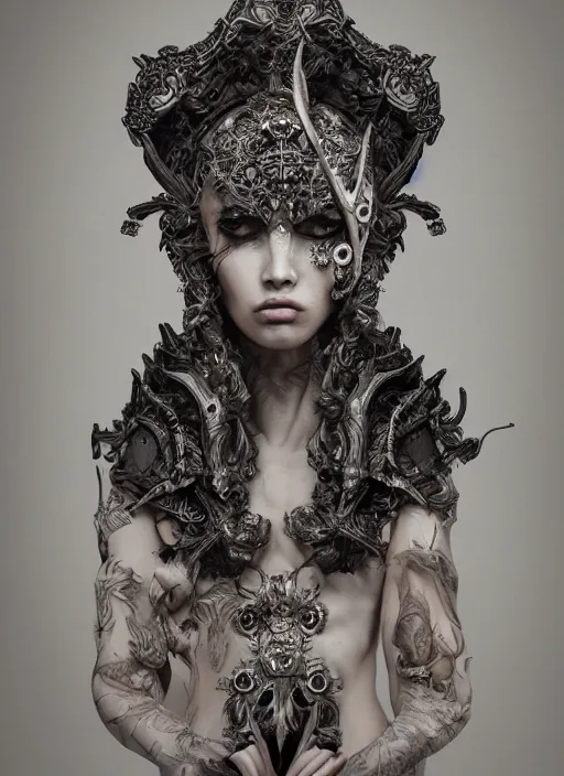 Image similar to a portrait of female by stefan geselle and nekro borja, photorealistic, intricate details, hyper realistic, fantasy, elegant, baroque, horn, ram skull headpiece, photorealistic, photography, symmetrical features, symmetrical pose, wide angle shot, feet on the ground, wearable art, unreal engine