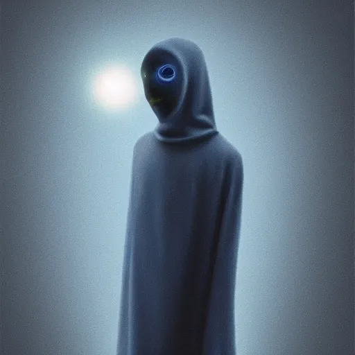 Image similar to award - winning. trending on artstation. 4 k. a faceless astral figure wearing a hooded cape made of the night sky with 1 dark blue glowing eye on its face. full - body.