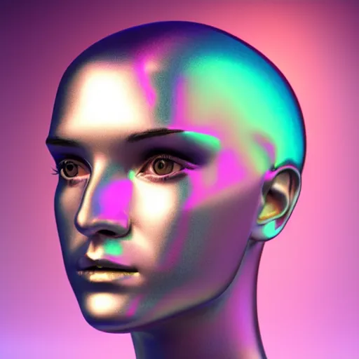 Image similar to 3d render of holographic human robotic head made of glossy iridescent, surrealistic 3d illustration of a human face non-binary, non binary model, 3d model human, cryengine, made of holographic texture, holographic material, holographic rainbow, concept of cyborg and artificial intelligence