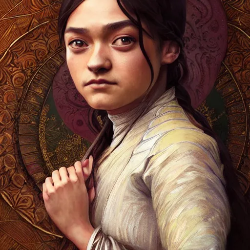 Prompt: Portrait of arya stark as javanese princess, elegant, digital painting, highly detailed, fantasy, artstation, concept art, smooth, sharp focus, illustration, art by artgerm and greg rutkowski and alphonse mucha