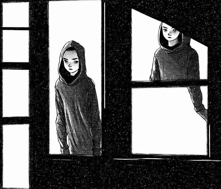 Image similar to sadie sink in hoodie sits on windowsill, knees tucked in | rain falls at night : single storyboard panel, scifi cyberpunk, b & w. by gabriel hardman, joe alves, chris bonura. cinematic atmosphere, detailed and intricate, perfect anatomy