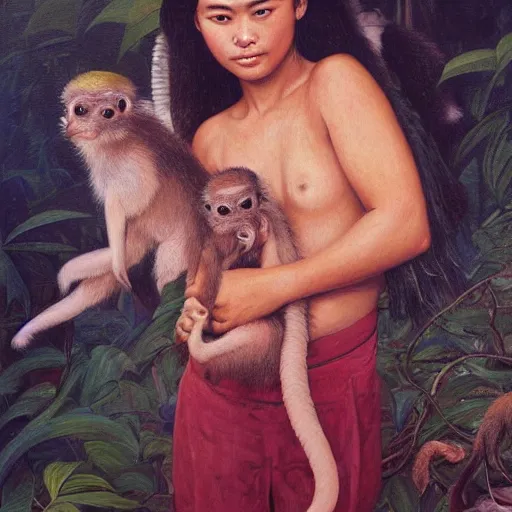 Prompt: a ultradetailed beautiful painting of ( ( ( ( a latina brazilian venezuelan young woman holding several small monkeys in the amazonas ) ) ) ) by cheng hsiao - ron, ngai victo, jean delville by wlop and dougherty patrick, trending on artstation