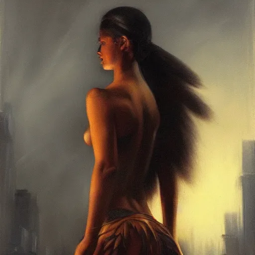 Image similar to painting of a young native amazon forest girl in a dark, gloomy deserted city street highly detailed, dramatic lighting, intense shadows, rich deep colours, by luis ricardo falero