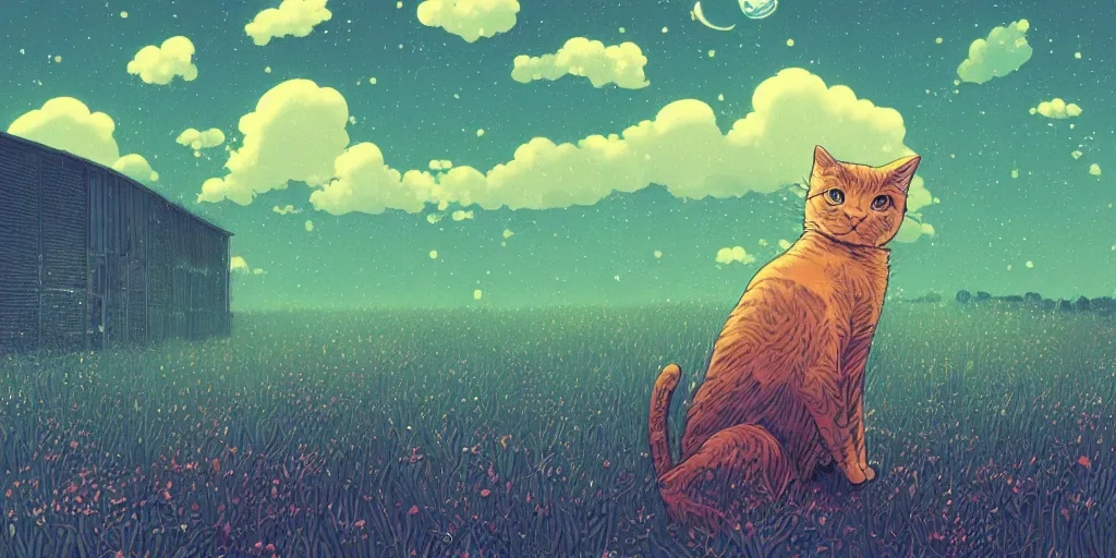 Image similar to a cat in a field by inio asano, beeple and james jean, aya takano color style, 4 k, super detailed, night sky, digital art, digital painting, celestial, majestic, colorful