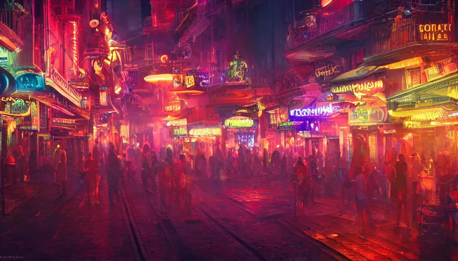 Image similar to futuristic bourbon street with color lights at night, fanfare, hyperdetailed, artstation, cgsociety, 8 k