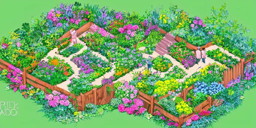 Image similar to an illustration of a beautiful garden, isometric view, painted