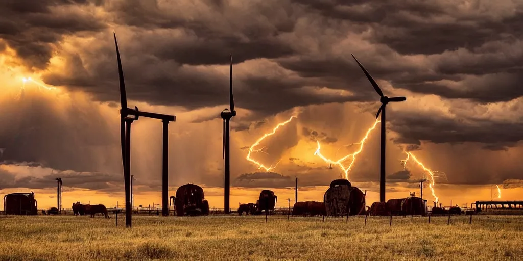 Image similar to photo of a stormy west texas sunset, perfect rustic pumpjack!, ( ( ( wind turbine ) ) ), abandoned train!!, horses!!!!!!, cows!!!!!!, high resolution lightning, golden hour, high detail, beautiful!!!