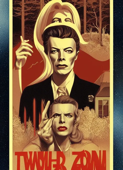 Image similar to twin peaks poster art, david bowie floating through the twilight zone, old retro pulp, by michael whelan, rossetti bouguereau, artgerm, nostalgic, old fashioned