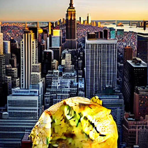 Image similar to a giant lemon overshadowing new york city skyline, photo