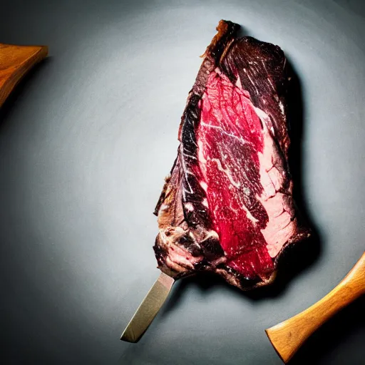 Image similar to photo of a expensive tomahawk steak, beautifully lit, food photography, 35mm, f/1.3, award winning, in the style of dennis prescott