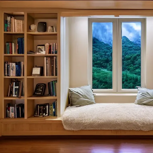 Prompt: a peaceful room with a desk and bookshelves, calm and serene, with rain visible through the windows of the room.