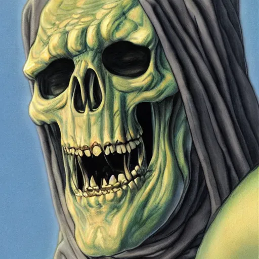 Image similar to ultra realistic portrait painting of skeletor, art by eiichiro oda, 4 k, one piece artstyle, cel shaded, highly detailed, epic lighting