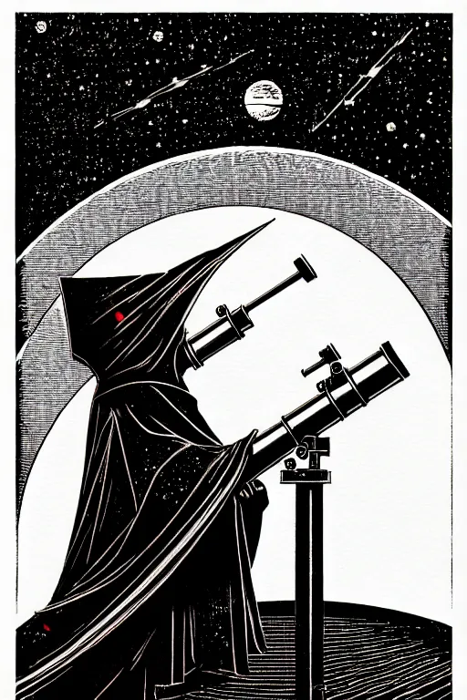 Image similar to cloaked wizard looking into a telescope, high details, intricately detailed, by vincent di fate, inking, 3 color screen print, masterpiece, trending on artstation,, sharp, details, hyper - detailed, hd, 4 k, 8 k