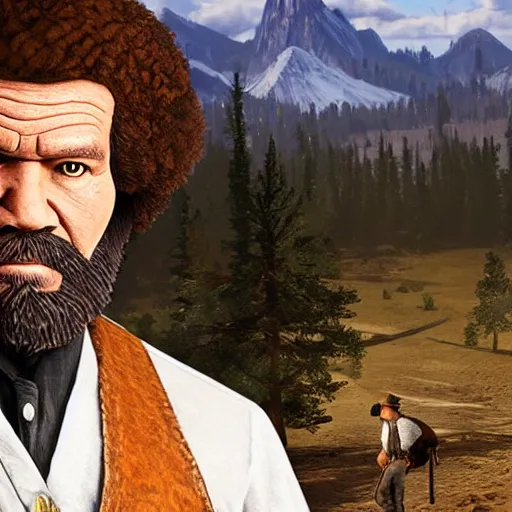 Image similar to Bob Ross as a video game character in red dead redemption 2 wearing a sheriff uniform