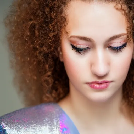 Image similar to selfie of a young woman, wearing a translucent and iridescent jacket, curly long hair, caucasian, sigma 85mm f/1.4, 4k, depth of field, high resolution, 4k, 8k, hd, full color