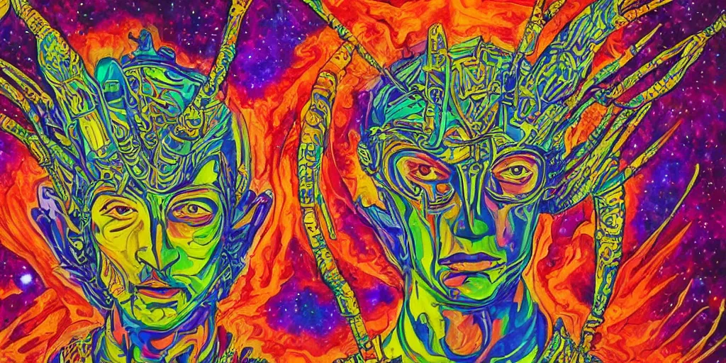 Image similar to high detailed painting of a psychedelic android in a mystic spiritual world, the war of spirits in the cosmos