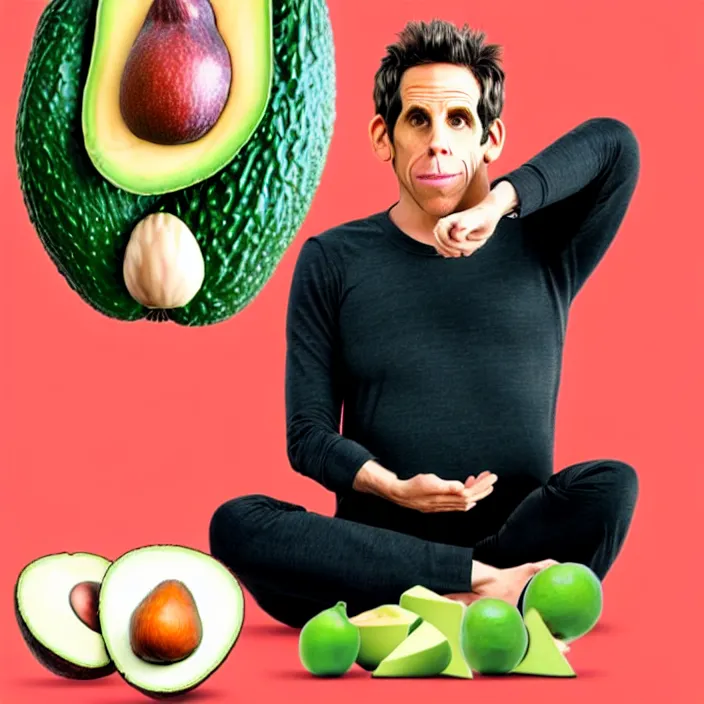 Prompt: ultra realistic illustration of ben stiller in the shape of an a ocado, in the lotus position meditating with closed eyes, balancing stack of avocado