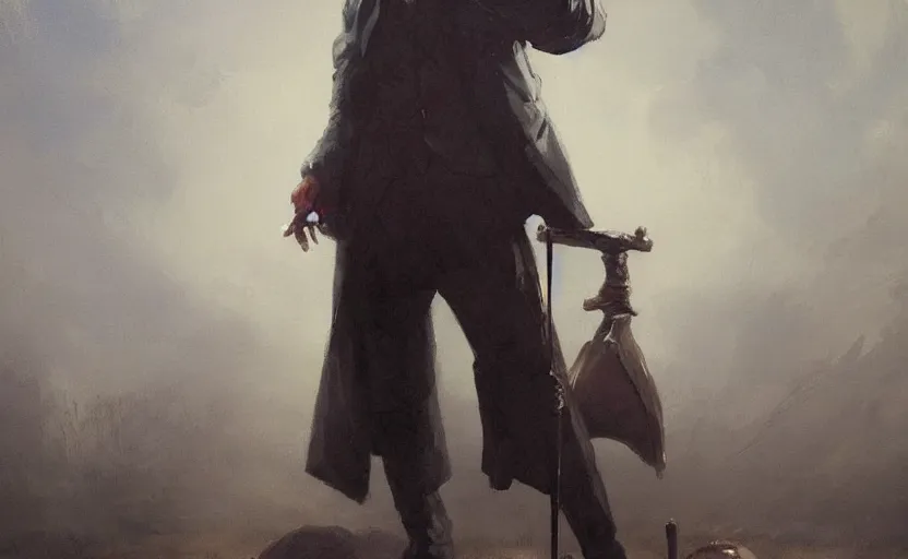 Image similar to a painting of the all father holding a cane trending on artstation in the style of greg rutkowski, beautiful, male, sensual, wise, natural skin, black beard, leader, cane, 1 8 0 0 s, industrialization, top hat