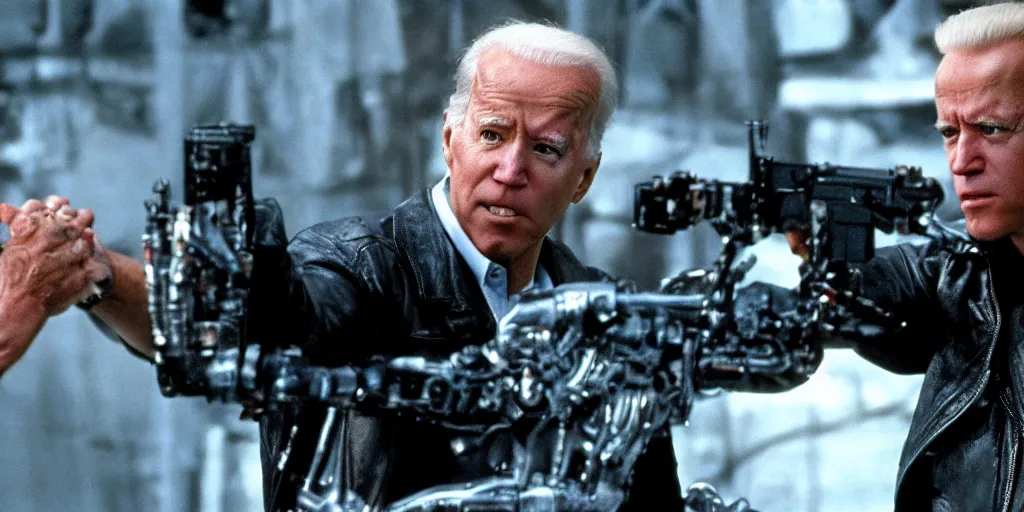 Prompt: joe biden in the terminator shooting terminator donald trump, cinematic, two characters, highly detailed, photorealistic, cinematic lighting, James Cameron, hr GIGER