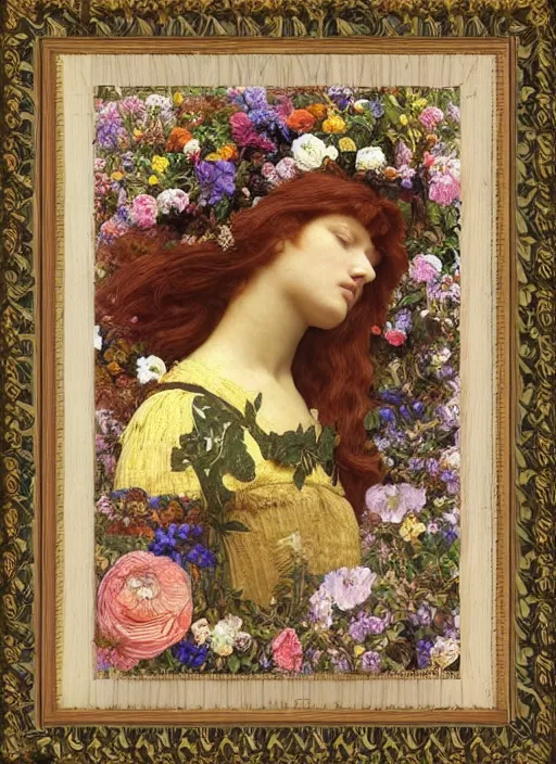 Image similar to masterpiece beautiful seductive flowing curves preraphaelite face portrait amongst flowers, extreme close up shot, straight bangs, thick set features, yellow ochre ornate medieval dress, laying amongst foliage mushroom forest circle arch, frederic leighton and kilian eng and rosetti and preraphaelites, william morris, framed, 4 k