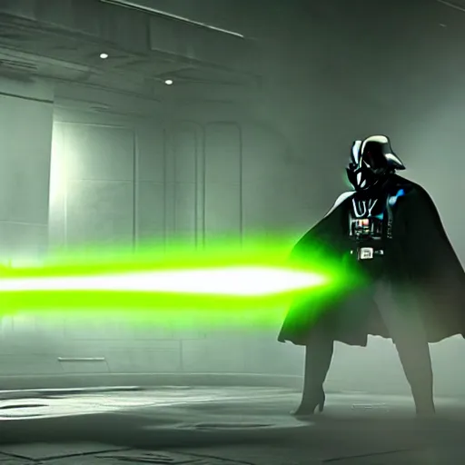 Prompt: stunning awe inspiring darth vader fighting yoda, movie still 8 k hdr atmospheric lighting