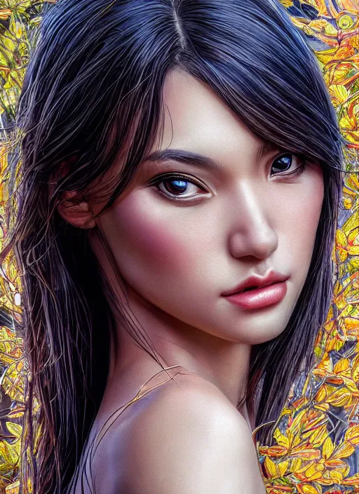 Image similar to photo of a gorgeous female in the style of stefan kostic, realistic, half body shot, sharp focus, 8 k high definition, insanely detailed, intricate, elegant, art by stanley lau and artgerm, extreme bokeh foliage