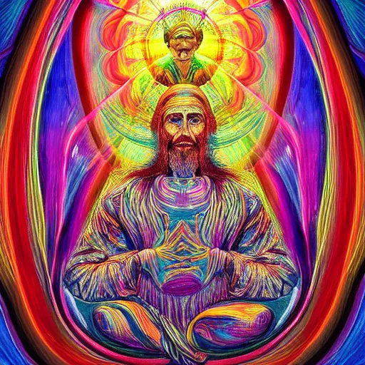 Image similar to god sitting in the center of the multi dimensional latent space conceptualizing our collectively designed divine imaginations, style of visionary art