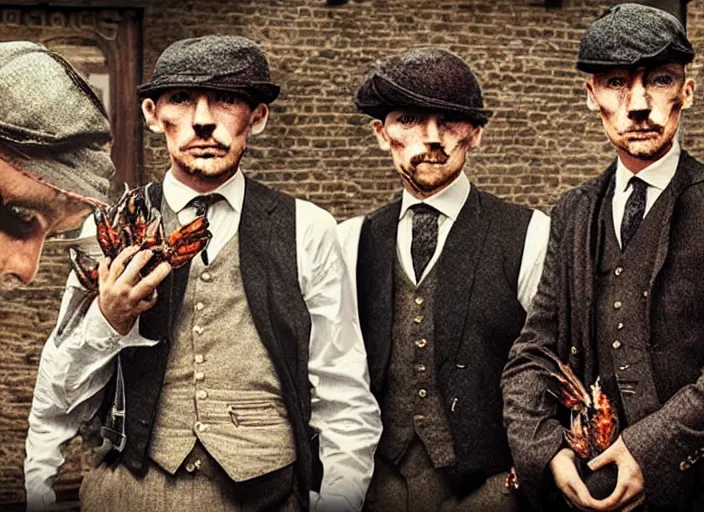 Image similar to peaky blinders crew made out of shrimp, poster, matte painting, 3 - d highly detailed, in the style of mark ryden,