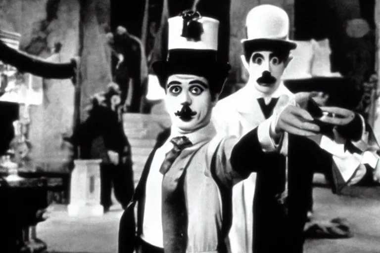 Prompt: Antonio Banderas as Charlie Chaplin in 'My Chap Chaplin' (1968), movie still frame, promotional image, imax 70 mm footage, oscar nominated cinematography, volumetric lighting, 8k resolution
