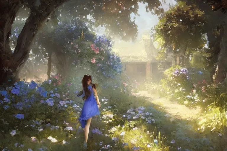 Image similar to a beautiful painting of blue roses garden, girl, by greg rutkowski, trending on artstation