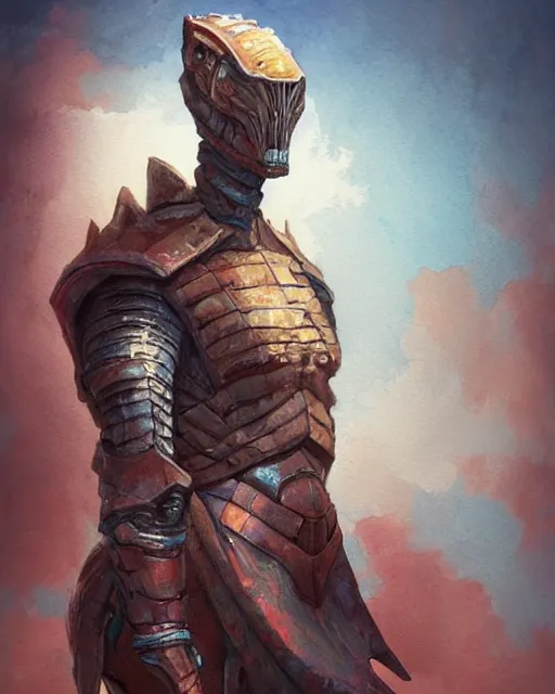 Prompt: a oil / watercolor painting full body character portrait of a humanoid dinosaur knight / mercenary in the style of moebius in the style of leonard boyarsky trending on artstation deviantart pinterest detailed photorealistic highlights and shadow hd 8 k post - processing high resolution