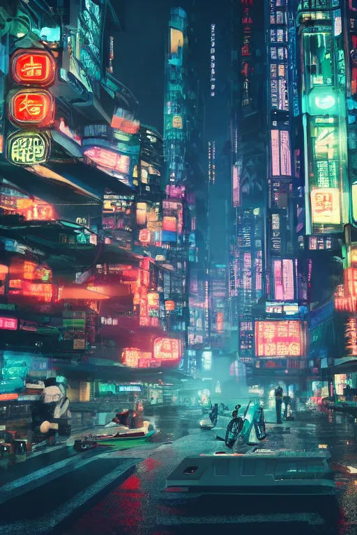 Image similar to Futuristic Asian city at night with rain, Cyberpunk style, Motorcycle, Neon lights, Matte paiting, cinematic lighting, corona render, smoke, light rays, 8k