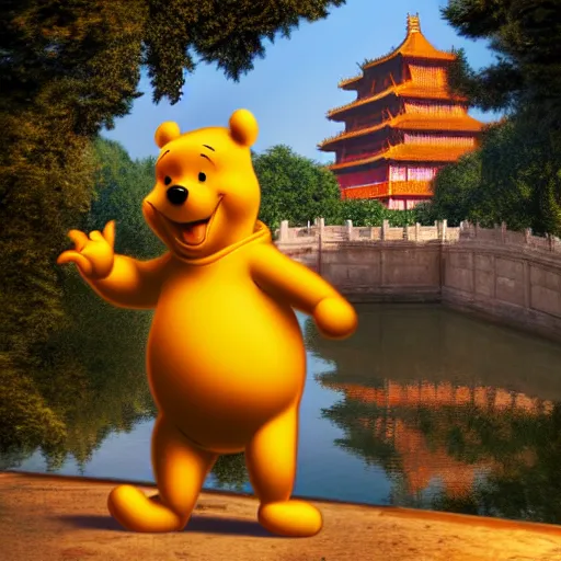 Image similar to winnie the pooh explores the forbidden city in china, award winning photography, extremely detailed artstation 8 k sensual lighting epic composition, weta pixar disney