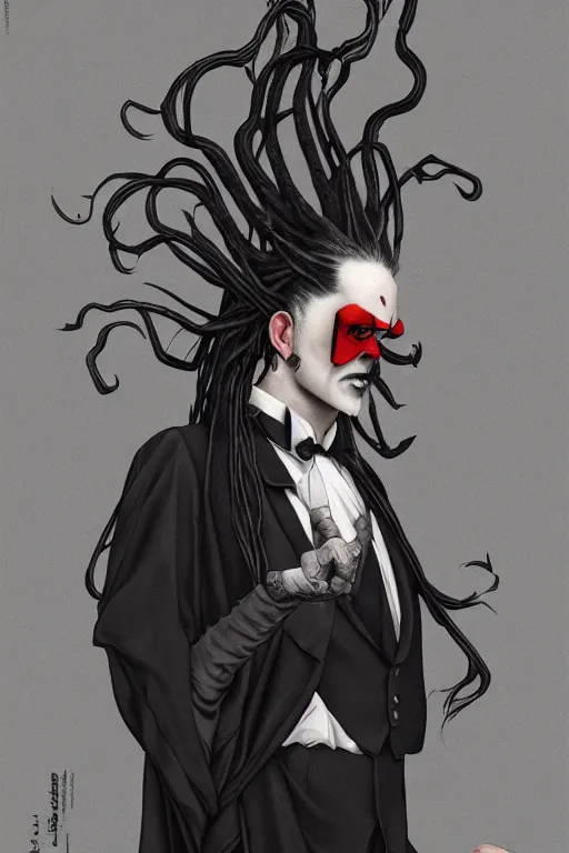 Prompt: vaporwave, an elegant sophisticated gothic king with long wild dreads wearing a suit, straight on, by artgerm, jamie hewlett, tom bagshaw, gerald brom, 4 k, smooth, hd, substance designer render, full body character concept art,