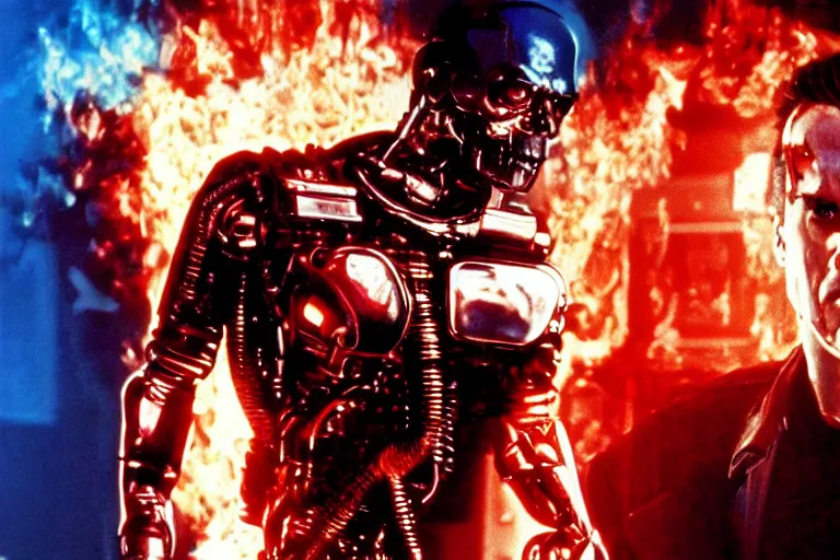 Prompt: terminator 8 0 0 from movie terminator 1 9 8 4, computers on background. high detail, low saturated red and blue light, cinematic colors