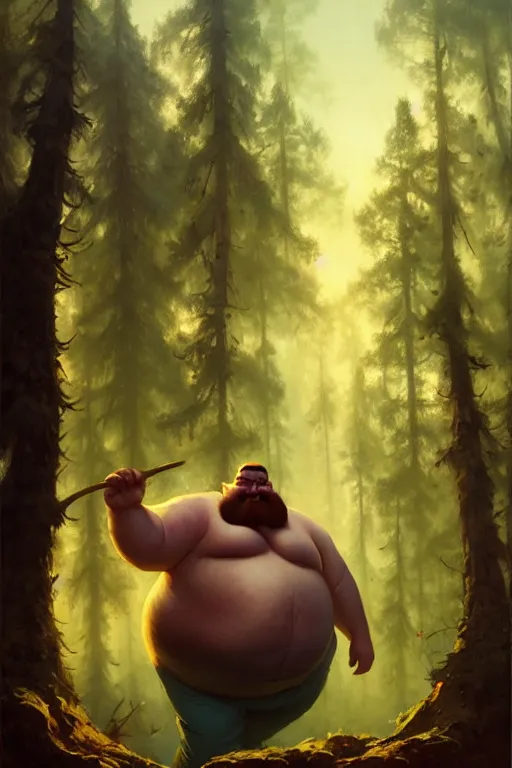 Prompt: great giant fat man with a moustache in the woods by bayard wu, anna podedworna, gaston bussiere, greg rutkowski