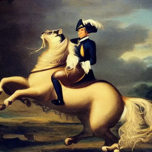 Prompt: a cat riding a horse, like in the napoleon painting with a cat instead of napoleon