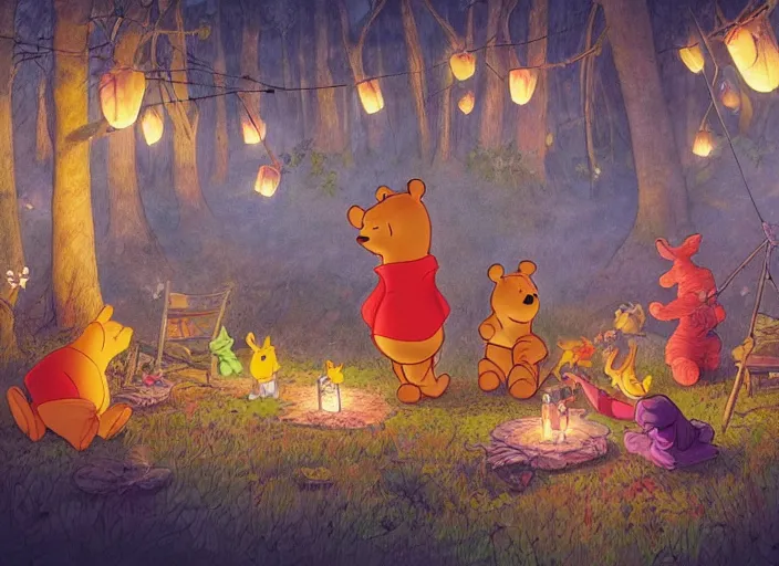 Image similar to concept art of a birthday party in the woods at night with winnie the pooh characters, paper lanterns and fairy lights, detailed, realistic, cel shaded, in the style of makoto shinkai and moebius and peter mohrbacher and james gurney