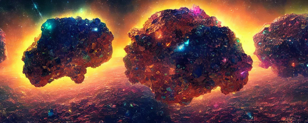 Prompt: asteroid made of shiny diamonds and crystals, [ shards, facets, by paul lehr, cinematic, detailed, epic, widescreen, opening, establishing, mattepainting, photorealistic, realistic textures, octane render ]