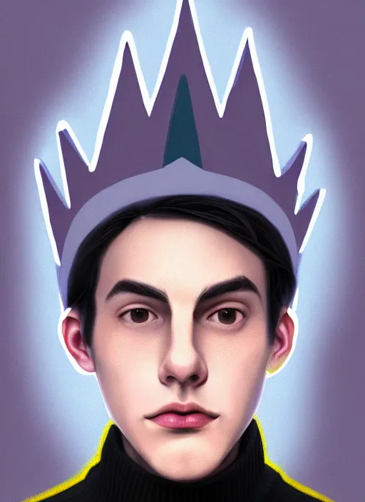 Image similar to portrait of teenage jughead jones wearing a light grey crown, crown, blue turtleneck, 1 9 5 0 s, closed eyes, photorealistic, black hair, glowing lighting, intricate, elegant, glowing lights, highly detailed, digital painting, artstation, concept art, smooth, sharp focus, illustration, art by wlop, mars ravelo and greg rutkowski