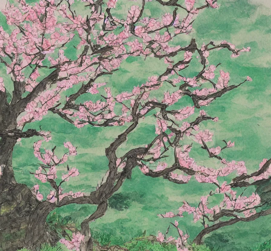 Image similar to a peach blossom in the mountains, studio ghibli style