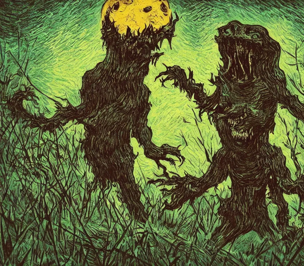 Prompt: a terrifying stawbery monster with sharp teeth in a glowing swamp in the style of van gogh, heavenly, pastel, cute, dark, scary, eerie, trending on artstation, digital art.