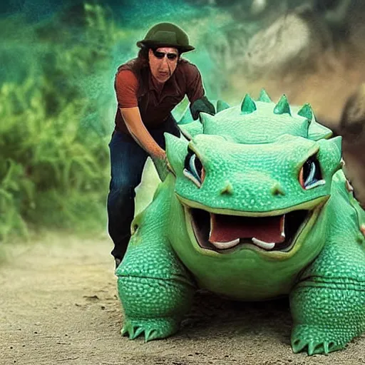 Prompt: Nicholas Cage riding a bulbasaur into battle, photograph